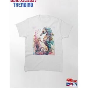 Seahorses In Watercolor With Florals Flowers And Watercolour Tshirt Unisex